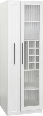 JOYSOURCE Kitchen Hutch Cabinet with 5-Tier Pull-Out Storage Shelves Tall Kitchen Pantry Wine Cabinet Slim Liquor Cabinet with Reeded Glass Door Bottle Dividers & Stemware Rack White