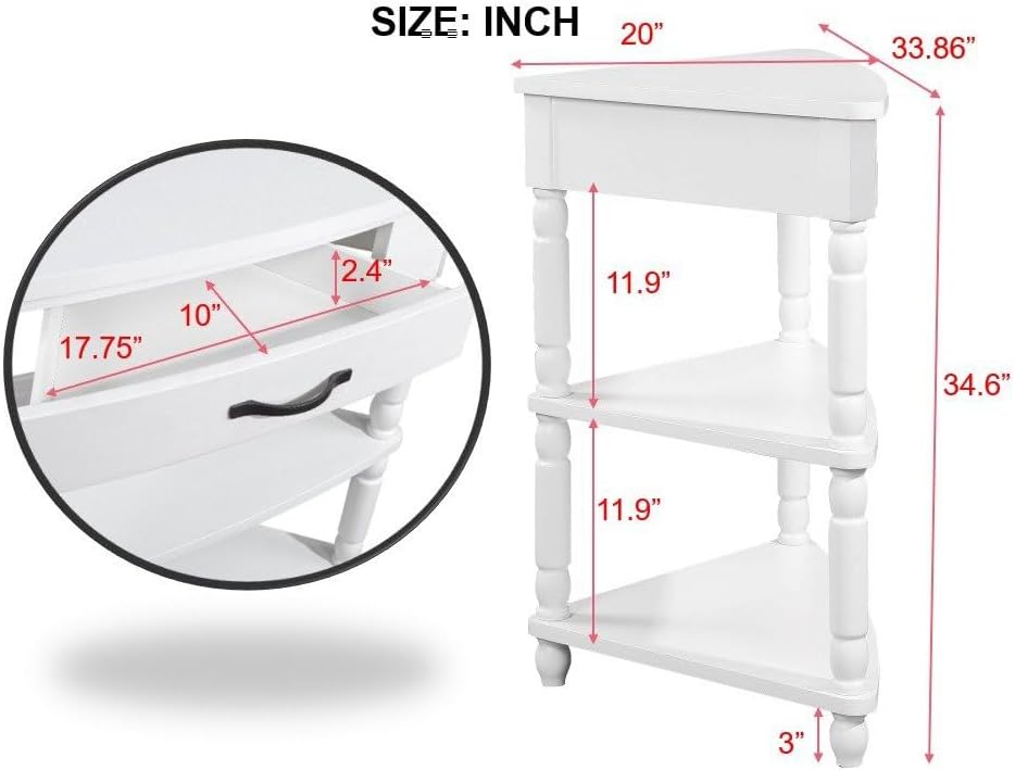 Small Triangle Corner Table Wood Corner Side Tables with Drawer & 2 Open Shelves 3 Tier End Corner Table with Solid Wood Legs for Small Spaces Living Room - Milk White