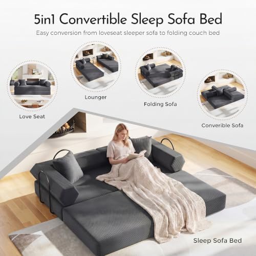 79" Convertible Futon Sofa Bed, Couch for Living Room | Dark Gray | Modular Sleeper Sofa, Corduroy Pull Out Floor Couch Loveseat with Fixed-Shape Frame, No Assembly