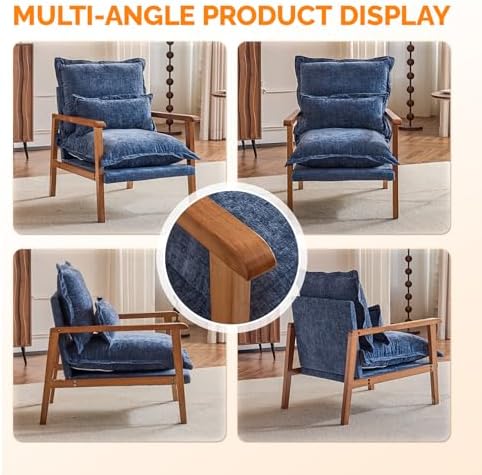 VINGLI Mid-Century Modern Cloud Accent Armchairs set of 2 with Lumbar Pillow, 6.3'' Thick Seat Cushion Reading Chairs with Wooden Armrests, Boho Lounge Chair for Bedroom,Living Room,Chenille,Gray Blue