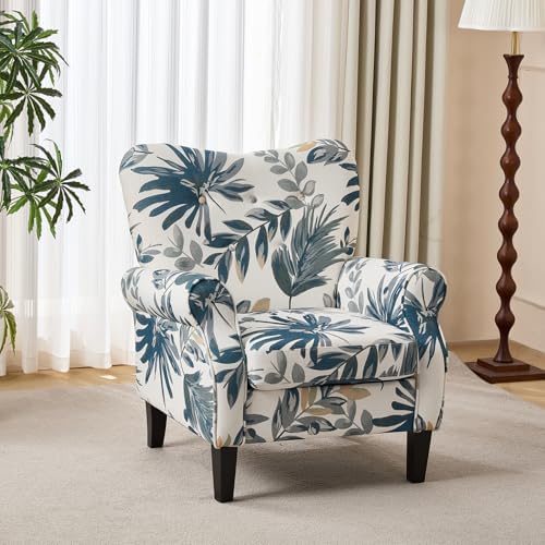 YOLENY Modern Accent Chair,High Back Armchair,Upholstered Fabric Button Single Sofa with Wooden Legs for Living Room,Bedroom,Blue Leaves
