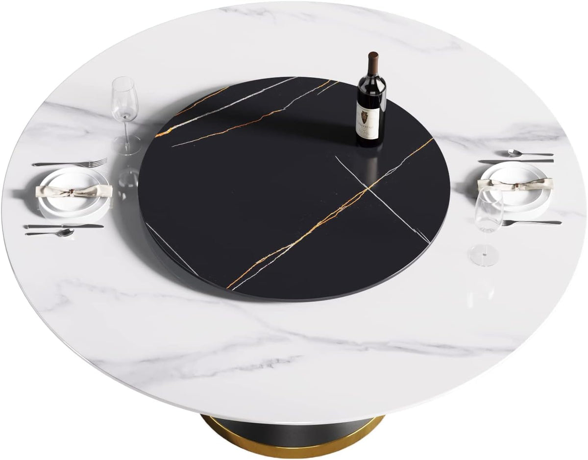 Montary 59” Modern Round Dining Table for 8, Artificial Marble Kitchen Table with Carrara White Sintered Stone Tabletop & Black Gold Lazy Susan, Black Slim Waist Carbon Steel Base