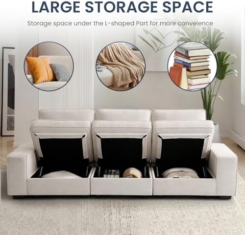 TEKAMON 73" Loveseat Sofa with Seat Storage, 2-Seater Modular Sofa Couch for Living Room, Chenille Fabric, Solid Wood Frame, Spring Cushions, USB Charging, Removable Covers, Side Pockets, Beige