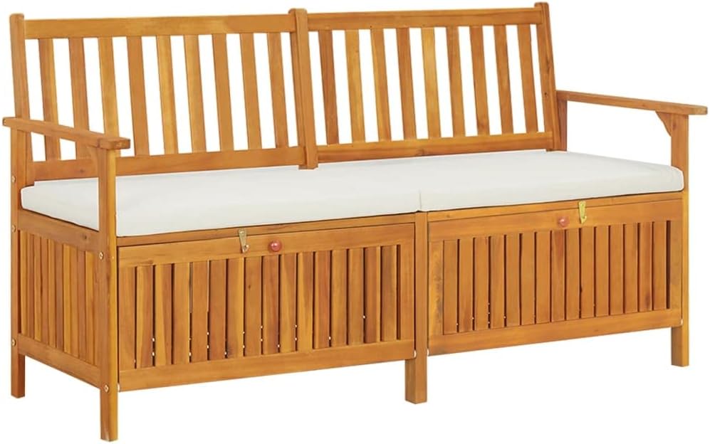 Storage Bench with Cushion 58.3 Inch Solid Acacia Wood Durable Patio Furniture Outdoor Bench Seat for Garden Porch Front Porch Furniture