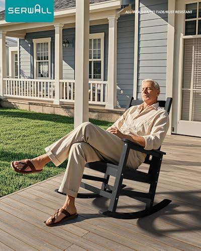SERWALL Outdoor Rocking Chair Set of 4, HDPE Rocker for Adults, Black | 21.1" Widened Seat adds Extra Comfort, Oversized Rocking Chair for Adults, All Weather Porch Rocker for Lawn Garden
