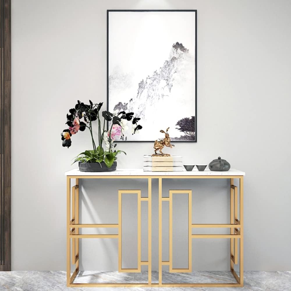 Coffee Table Golden Console Table, Marble Console Table, Telephone Table, Narrow Hall Table with Storage Bookshelf, Suitable for Corridor/Living Room