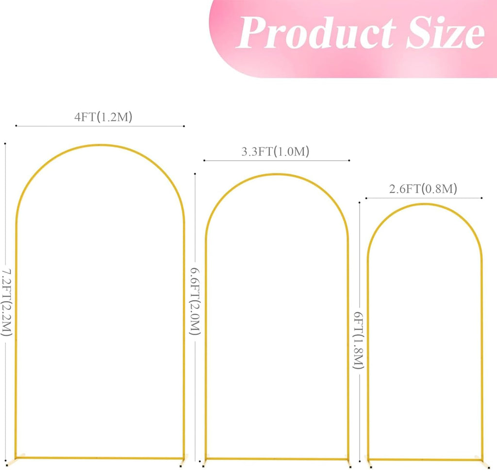 Metal Arch Backdrop Stand Set of 3 (7.2FT/6.6FT/6FT) - Heavy-Duty Gold Wedding Arch with Water Bag for Weddings, Baby Showers, Birthdays, Graduation, Parties & Outdoor Events