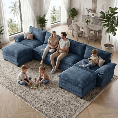 140" Modular Sectional Couch, U Shaped Cloud Sofa for Living Room | Comfortable Foam Cushions, Sturdy Frame, Appealing Appearance, Easy Assembly, Soft Chenille, Modular Design, Blue