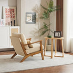 Karl home Mid-Century Lounge Accent Chair, Khaki | Wide Curved Armrest, Teddy Fleece, Lumbar Pillow Included, Solid Wood Frame, For Living Room, Bedroom, Balcony, Apartment