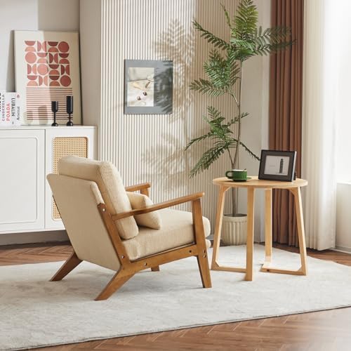 Karl home Mid-Century Lounge Accent Chair, Khaki | Wide Curved Armrest, Teddy Fleece, Lumbar Pillow Included, Solid Wood Frame, For Living Room, Bedroom, Balcony, Apartment