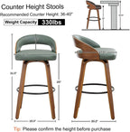 Set of 2 Swivle Counter Stools, 25" Counter Height Bar Stools with Upholstered Seat Bentwood Frame Mid Century Modern Stools for Kitchen Island, Counter, Green