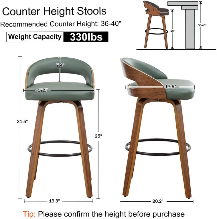Set of 2 Swivle Counter Stools, 25" Counter Height Bar Stools with Upholstered Seat Bentwood Frame Mid Century Modern Stools for Kitchen Island, Counter, Green