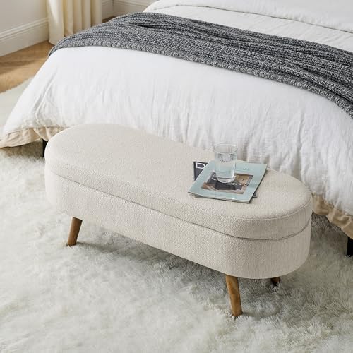 43.5" Ottoman with Storage, Storage Ottoman Bench with Safety Hinge, Linen End of Bed Bench, Upholstered Entryway Bench for Bedroom, Living Room & Window, Holds up to 330 lb, Beige
