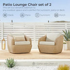 CHITA 2 Pieces Patio Wicker 360° Swivel Chairs with Removable Cushion, Backyard Rattan Chair for Sunrooms, Patios, Decks, Fully Assembled(Beige Cushions with Light Brown Wicker)