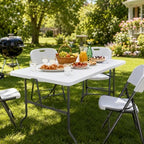 Camp Field 4FT Folding Table, Heavy Duty, 330 lb Capacity, White | 4 Foot table for dining, parties, games, picnics and camping, with durable plastic top and space-saving folding design.