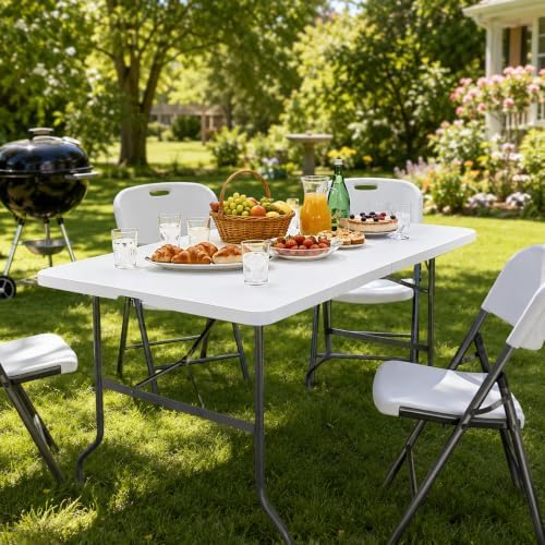 Camp Field 4FT Folding Table, Heavy Duty, 330 lb Capacity, White | 4 Foot table for dining, parties, games, picnics and camping, with durable plastic top and space-saving folding design.
