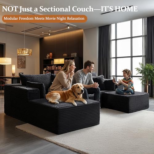 108" Oversized Cloud Sectional Couch, Comfort U Shaped Couch for Living Room, Extra Deep Seats No Assembly, Modular Sofa, Corduroy (Black, 2 Seater + Left Facing Chaise + Ottoman)