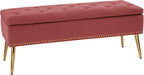 HULALA HOME Modern Velvet Storage Ottoman Bench with Gold Base & Nailhead Trim, Upholstered Bedroom Bench for End of Bed, Button-Tufted Footstool for Entryway Living Room Dining Room, Rosewood