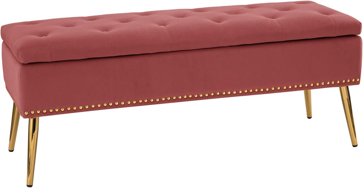 HULALA HOME Modern Velvet Storage Ottoman Bench with Gold Base & Nailhead Trim, Upholstered Bedroom Bench for End of Bed, Button-Tufted Footstool for Entryway Living Room Dining Room, Rosewood