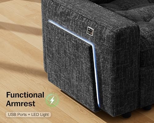Vipbear 8 Seat U Shaped Modular Sectional Sleeper Sofa with Pull Out Bed/Reclining Backrest/USB Ports/Table/LED Light/Storage Seat, Sectional Sleeper Couch, Tool-Free Assembly, Chenille Black