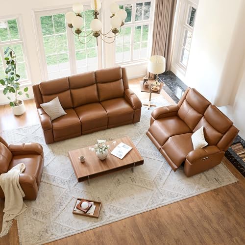 Watson & Whitely Genuine Leather Power Recliner Sofa & Loveseat Set, Saddle | Wall Hugger Reclining Sofas, Power Headrest, Center Storage Console, Charging Ports, Cup Holders, Living Room Furniture Set