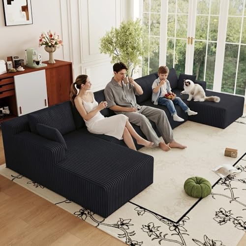 160" U Shaped Cloud Couch, Oversized Modular Sectional Sofa for Living Room | Modern Corduroy Couch, 5 Seater Deep Seat Memory Foam Compressed Sofa, No Assembly Required, Black