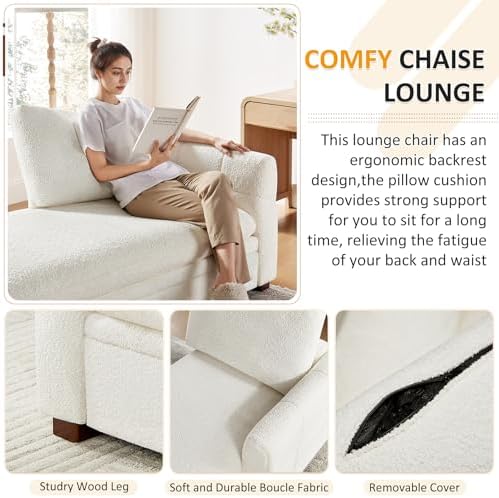 VANOMi Oversized 70.47'' Chaise Lounge Chair with Storage, Boucle White | Upholstered Sofa Bed with Thick Cushion, Left Armrest, Leisure Recliner Chair for Living Room, Bedroom, Indoor, Back Pillow
