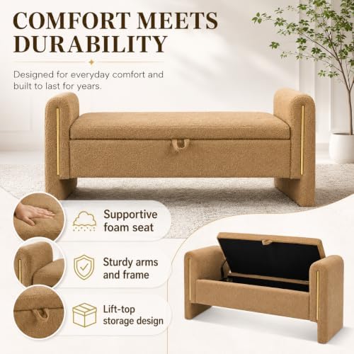 52" Upholstered Storage Bench, Brown, Armrests, Wood Frame | Mid-century storage ottoman bench, soft fabric, high-density foam. Perfect for end of bed, entryway, living room, bedroom.