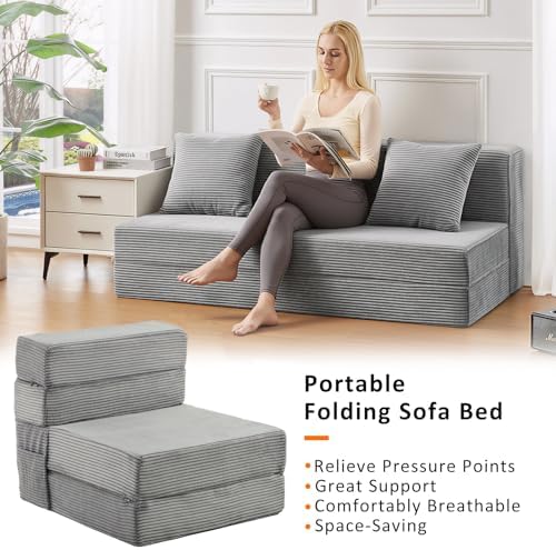 JKMAX Single Size Folding Sofa Bed - 4 in 1 Convertible Sleeper Chair - High Density Memory Foam Futon Couch - Foldable Bed for Living Room Bedroom (Dark Grey)