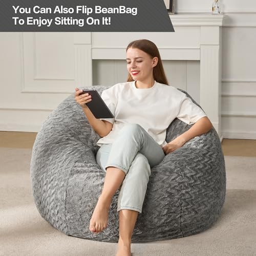 Hobestluk Bean Bag Chair Large Washable Soft Living Room Adult 3Ft Grey | No Assembly Required Memory Foam Filling Machine Washable Cover Bedroom Dorm Reading Gaming Fluffy Plush Faux Fur Fabric