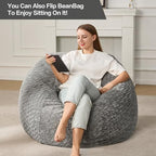 Hobestluk Bean Bag Chair Large Washable Soft Living Room Adult 3Ft Grey | No Assembly Required Memory Foam Filling Machine Washable Cover Bedroom Dorm Reading Gaming Fluffy Plush Faux Fur Fabric