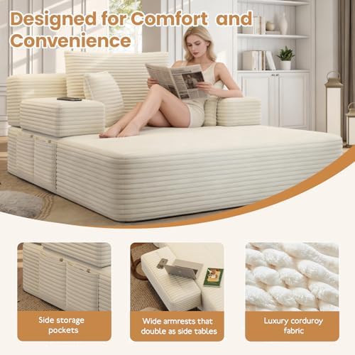 60.2 Inch Chaise Lounge Chair Indoor, Oversized Chaise Lounge with Adjustable Backrest and Armrests, Luxurious Corduroy Convertible Sofa Bed with Storage Pocket for Small Spaces, Apartment (Beige)