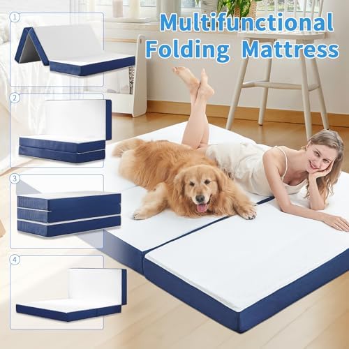 Folding Mattress Single Size,6" Trifold Foldable Sofa for Camping,White | Memory Foam Tri Portable Trifold Mattress Topper Single with Breathable & Washable Cover, 75"×25"×6"
