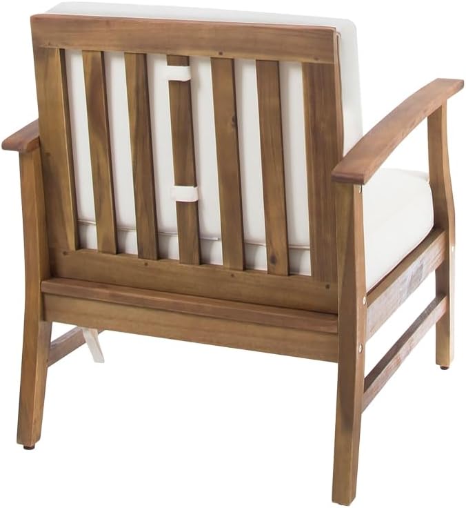 Weatherproof Acacia Wood Outdoor Arm Chair with Beige Cushions, Indoor & Patio Single Comfort Lounge Chair for Porch Garden Backyard (Cream + Acacia Wood)