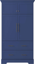 Farmhouse Freestanding Kitchen Pantry,4 Doors Dining Storage Cabinet with Pull-Out Trays, Drawers and Cake Pan Storage Organizer,for Dining Room (Blue-Q)