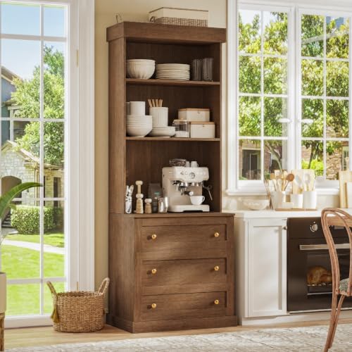71" Farmhouse Kitchen Pantry Cabinet with Drawers, Set of 2 – Dark Brown Freestanding Coffee Bar Hutch with Adjustable Shelves, Large Storage Cabinet with Microwave Stand for Living Room & Kitchen