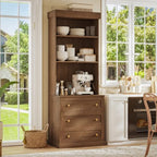 71" Farmhouse Kitchen Pantry Cabinet with Drawers, Set of 4 – Dark Brown Freestanding Coffee Bar Hutch with Adjustable Shelves, Large Storage Cabinet with Microwave Stand for Living Room & Kitchen