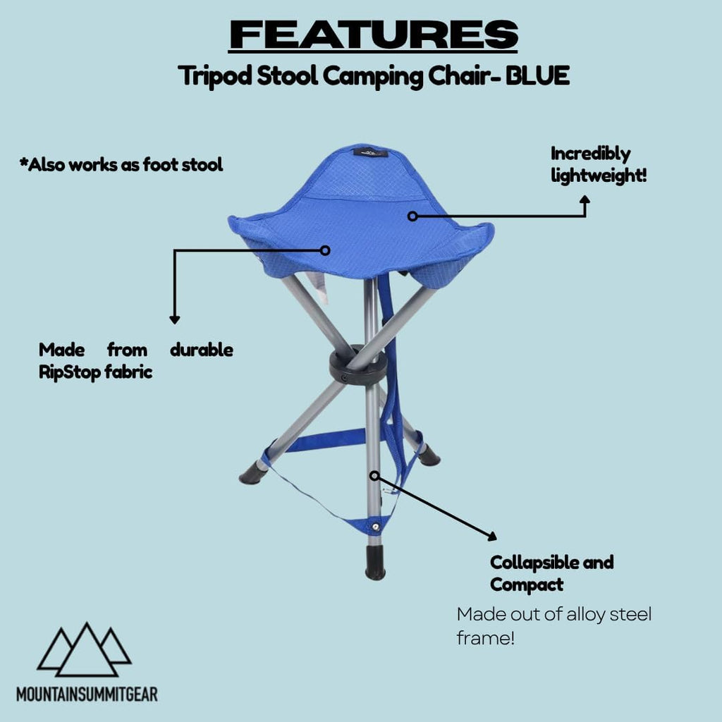 Tripod Stool Camping Chair featuring a lightweight and portable design made from RipStop fabric (2.2 lbs), perfect for Camping, Hiking and Fishing with weight capacity up to 225 lbs.