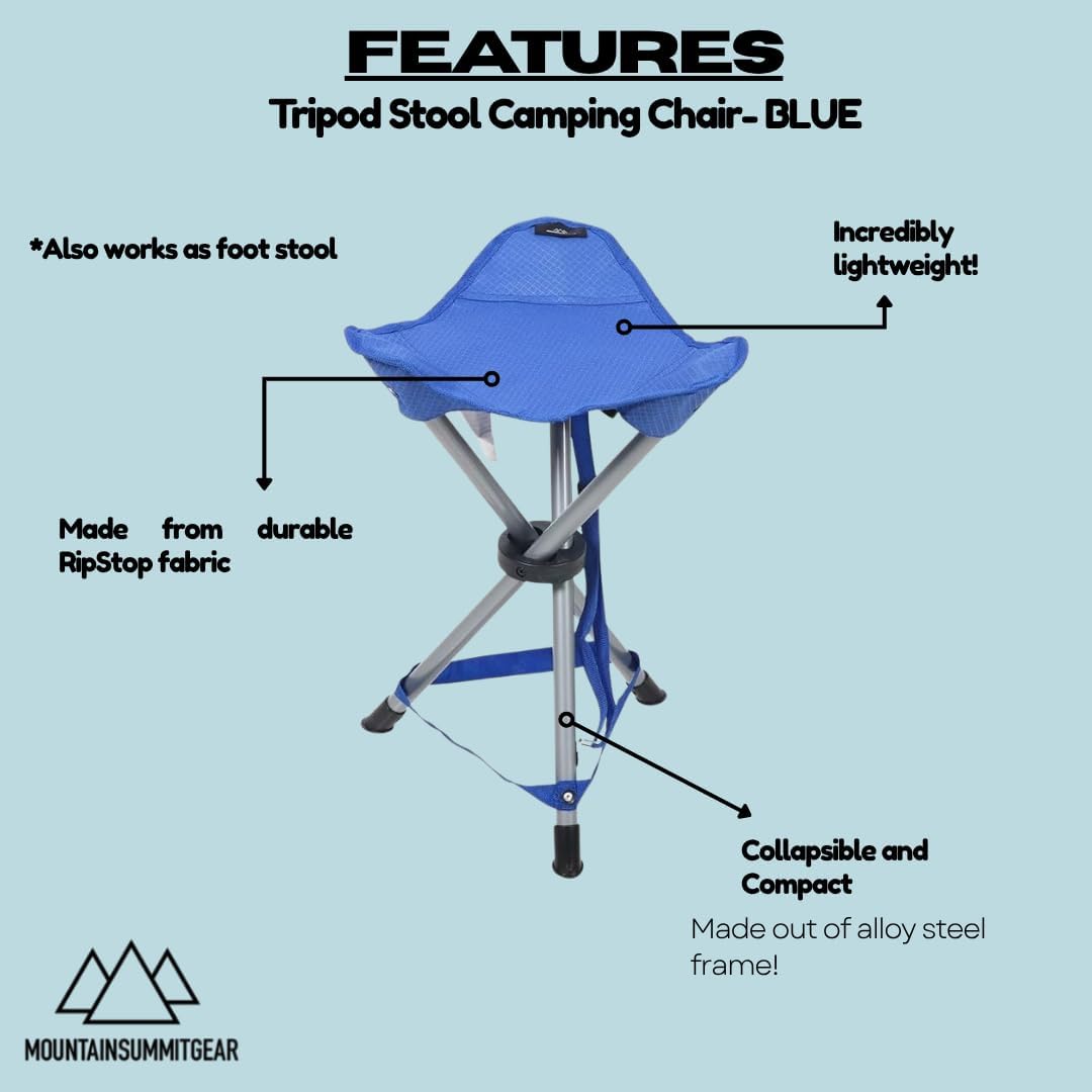 Tripod Stool Camping Chair featuring a lightweight and portable design made from RipStop fabric (2.2 lbs), perfect for Camping, Hiking and Fishing with weight capacity up to 225 lbs.