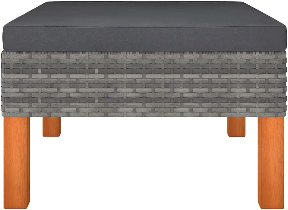 Poly Rattan Footstool with Solid Eucalyptus Wood Legs, PE Rattan Outdoor Indoor Footstool with Removable Washable Cushion, Powder-Coated Steel Frame Garden Footrest for Relaxing