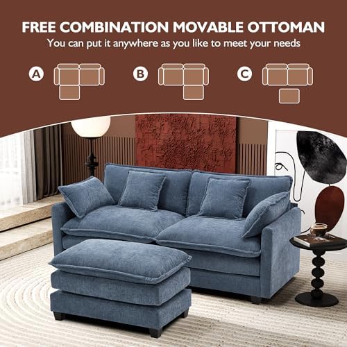 Ihanherry 77" L Shaped Modern Sofa Modular Sectional Cloud Couch with Ottoman, 3-Seat Chenille Deep Seat Sofa with Pillow for Living Room, Bedroom and Apartment, Blue