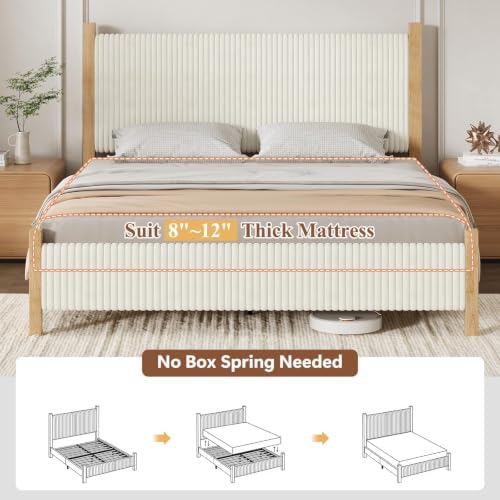 IMMERSTABLE King Bed Frame with Headboard, Upholstered Platform Bed, Beige