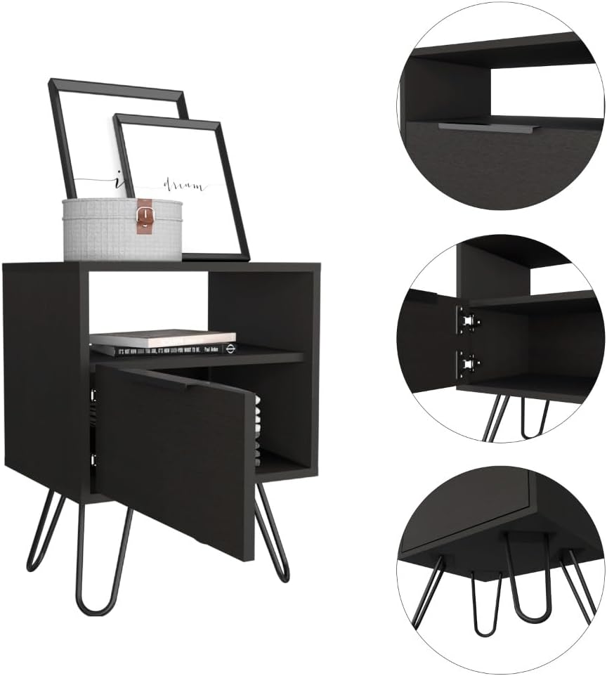 Nightstand, End Table, Side Table Single Door Cabinet, Hairpin Legs -Black,for Small Spaces