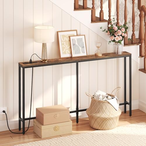 MAHANCRIS 55.1 Skinny Console Table with Power Outlets, 5.9" Slim Sofa Table Behind Couch, Long Entryway Tables, Narrow Sofa Hallway Table, Living Room CTHR145E01