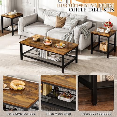 Recaceik 3-Piece Living Room Coffee Table Set, Industrial Coffee Table with 2 Square End Side Tables, Modern Living Room Table Set with Metal Frame for Apartment Home Office (Rustic Brown)