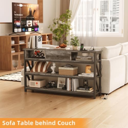 Mexin Console Table with Outlets and USB Ports, Entryway Table with Drawer Storage Shelves, Industrial Wood Hallway Sofa Table for Living Room, Couch, Foyer Table, 47 Inch Grey Oak