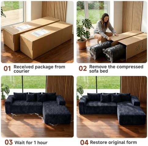 Couch ≈103" L-Shaped Sofa, Modular Sofa in Living Room Comfy Corduroy Fluffy Couch with Deep Seat and Side Pockets, Flexible Module Combination for Living Room (Black, 103IN)