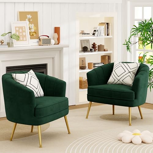 Andeworld Velvet Accent Chair, Barrel Armchair, Green | Velvet Upholstery, Golden Metal Legs, Comfy Barrel Back, Modern Style, Living Room Bedroom Office