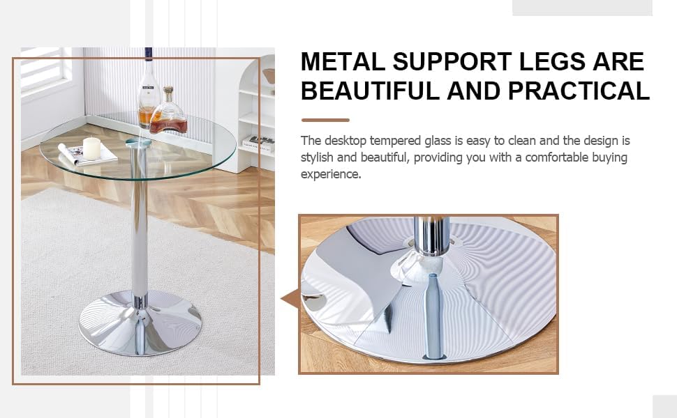 A Glass Tabletop with a Diameter of 35 inches and a Modern Minimalist Circular Dining Table with electroplated Silver Metal Legs. Suitable for Restaurants, Living Rooms, and Conference Rooms.BT-1166