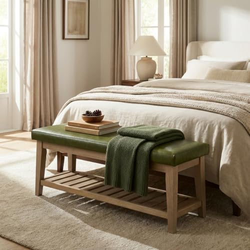 HUIMO Entryway Shoe Bench with Cushion, End of Bed Bench,Upholstered Bench for Kitchen, Bench with Solid Wood Shelf, Leather Ottoman Bench for Hallway, Living Room (PU-Green)